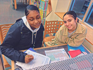 two student studying in the library.